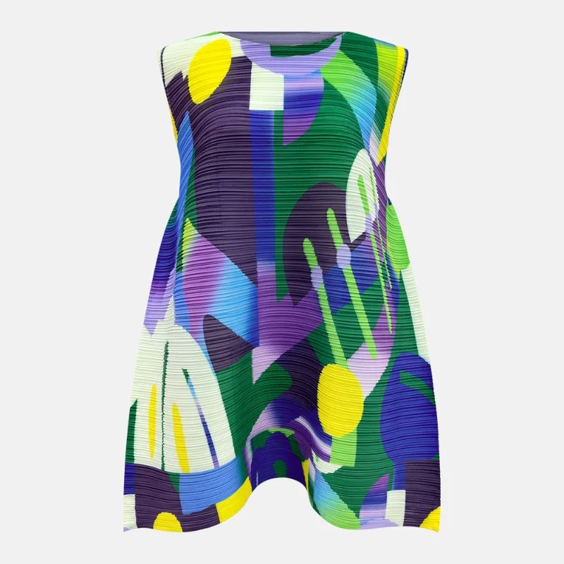 

Плиссированная футболка Miyake 2026: Новинка лета, безрукавка с принтом, свободный крой А-силуэта, легкий эластичный женский жилет для отпуска