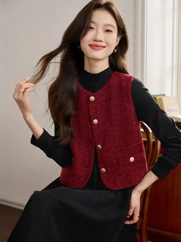 

Outlets Small Fraance Sle Woolen Tweed Vest Women Spring Autumn Svel ort Outerwear No Brand Commute Korean Sle