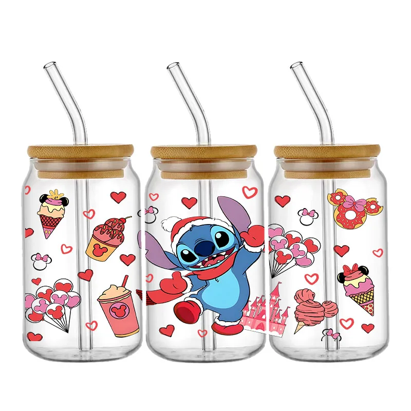 Disney Valentine's Gift Mickey Stitch UV DTF Transfer Stickers Cup Wrap Waterproof For 16oz libbey Glass Custom Cup Wraps Label