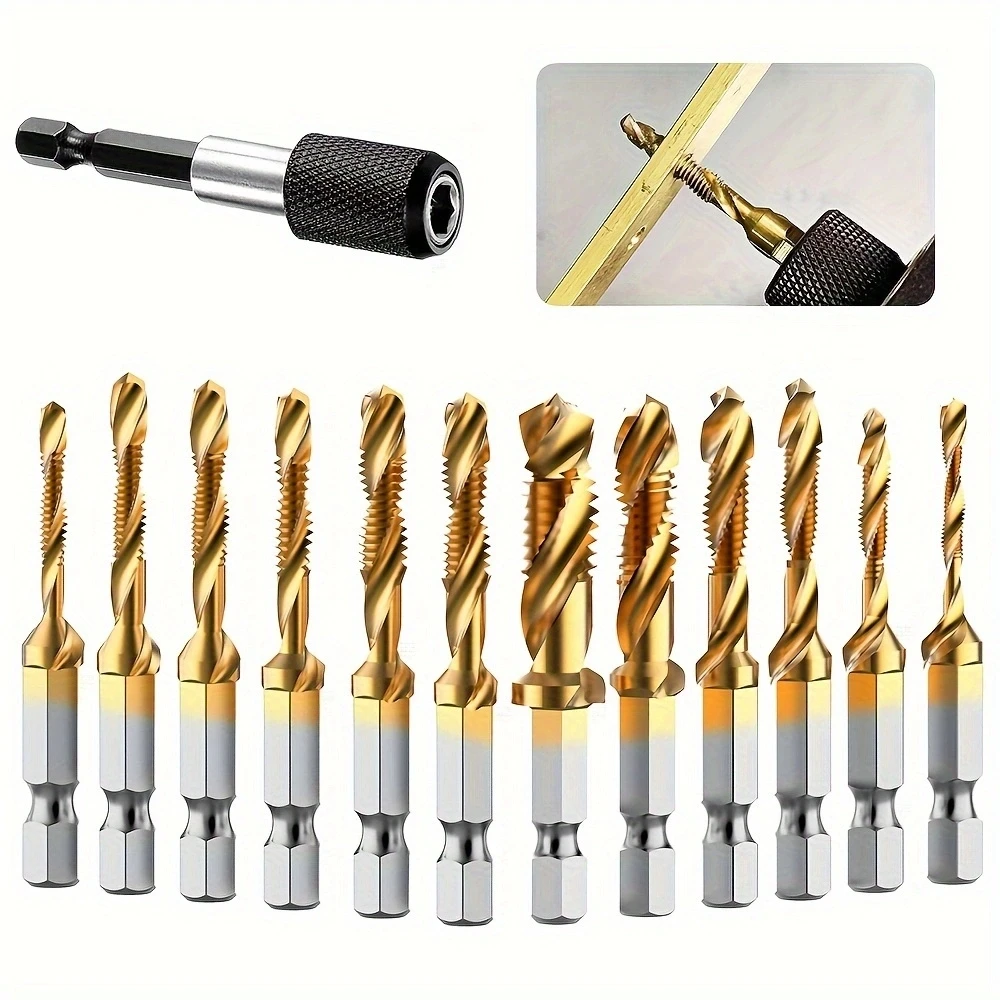 Combination Drill Tap & Tap Bit Set, 3-in-1 Titanium Coated Screw Tapping Bit Tool with Quick-Change Adapter, 13 PCS