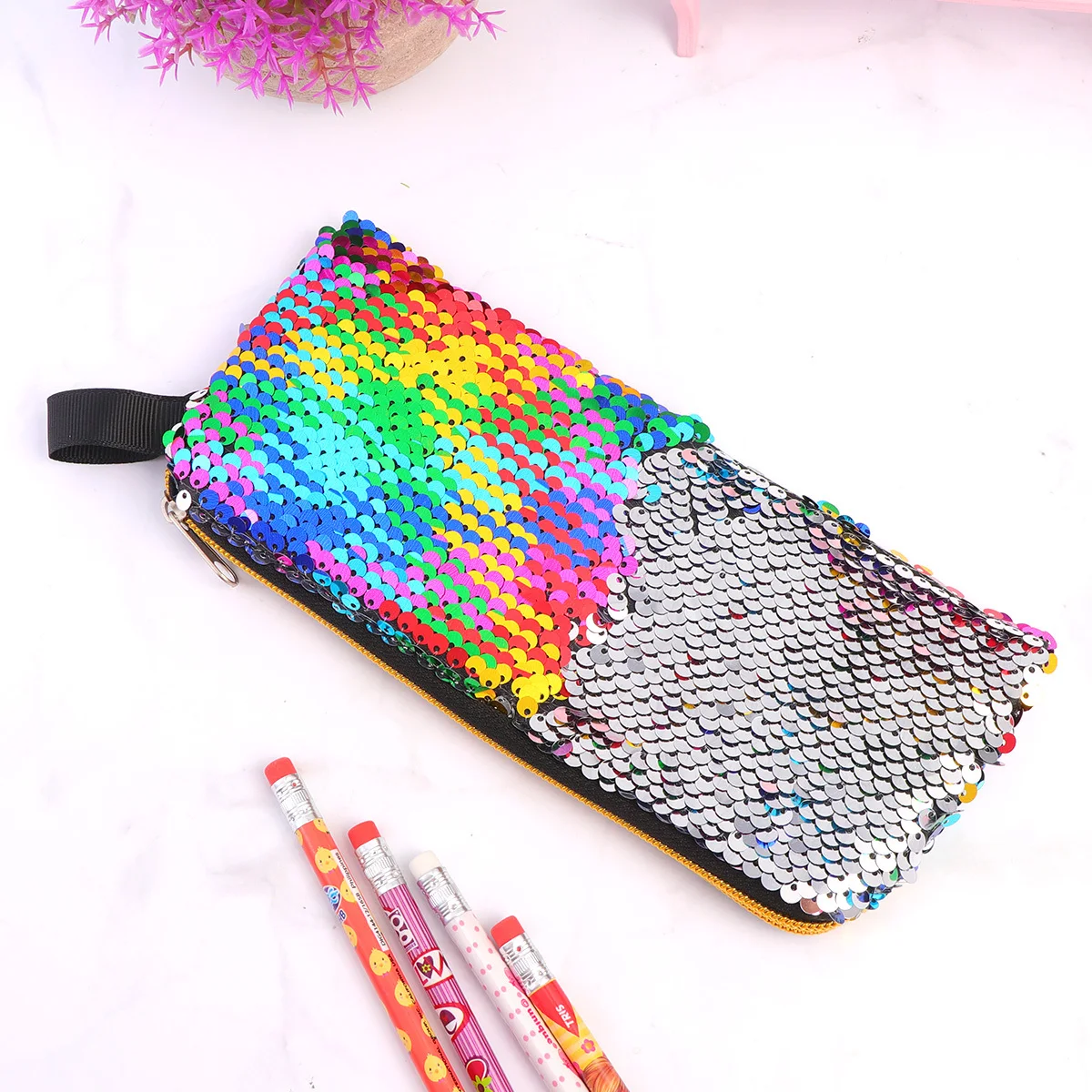 Saco de lápis de lantejoulas brilhantes multicolorido lavável durável bolsa de papelaria para crianças presente telefone moeda titular lantejoulas lápis