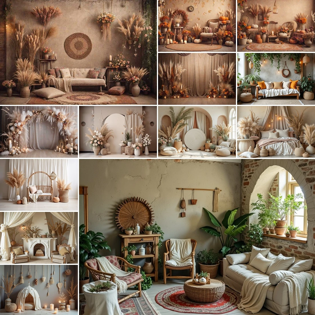 

MOON.QG Fresh Bohemian Autumn Photography Background Woven Decorations Green Plants Pampas Grass Backdrop Photography Props