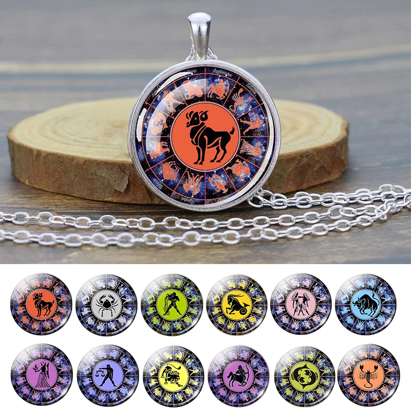 12 Constellation Aries Taurus Gemini Cancer Leo Virgo Libra Scorpio Glass Cabochon Pendant Necklace Zodiac Sign Jewelry