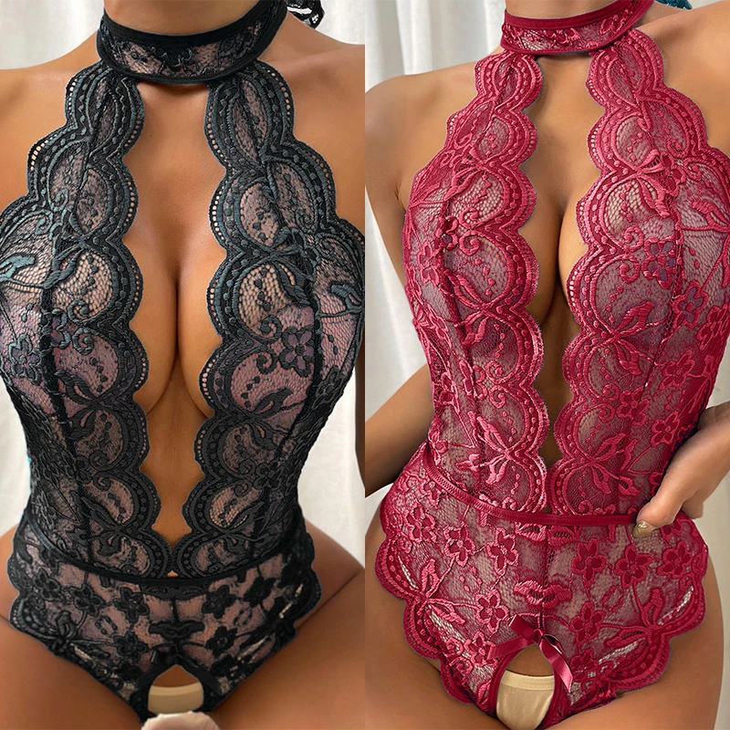 2022 Sexy Lingerie One Piece Bodysuit Women Push Up Bra Set Lace Bow Backless Open Crotch Nightgown Transparent Underwear Sets