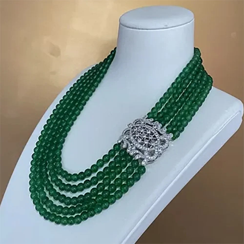 Hand knotted 5 strands 6mm green stone necklace micro inlay zircon accessorie 45-55cm fashion jewelry