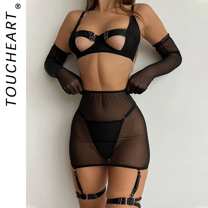 

Toucheart Sexy Interesting Underwear Set For Women Lace Up Hollow Out Mesh See-through Solid Color Garters Sexy Lingerie Set New