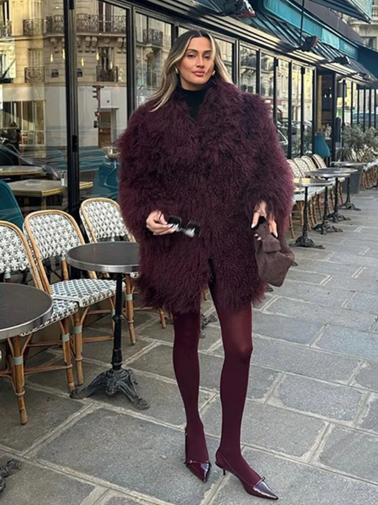 Women\'s Elegant Wine Red Faux Fur Coat Fashion Lapel Long Sleeve Fluffy Plush Warm Outerwear Lady Vintage Winter High Streetwear