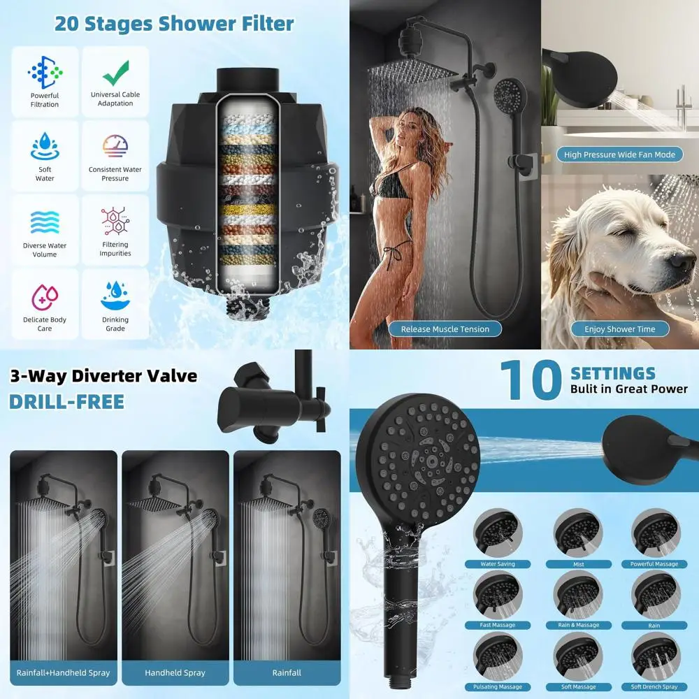 10 combinados de cabezal de ducha negro mate de 10 pulverizadores de alta presión con lluvia, filtro de 20 etapas, 11 brazos y 71 mangueras