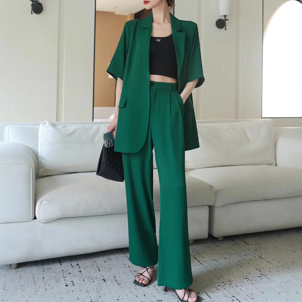 

SuperAen 2025 летняя женская одежда больших размеров, женский пиджак с короткими рукавами, свободные широкие брюки, комплект из двух предметов