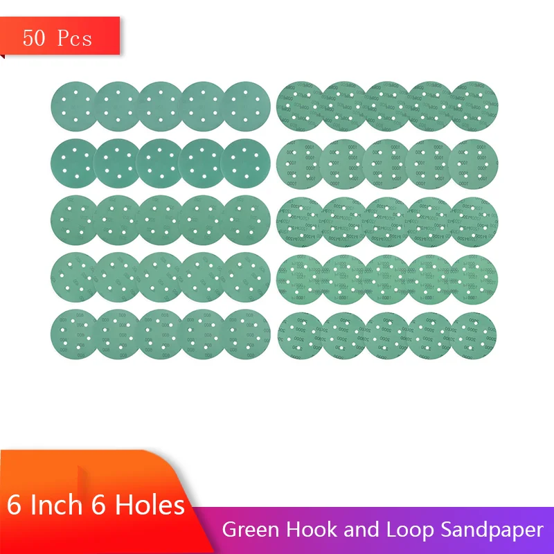 6 Inch 6 Holes Green Hook and Loop Sandpaper 50pcs Assorted 180/220/320/400/600/800/1000/1200/1500/2000 Grits for Polishing