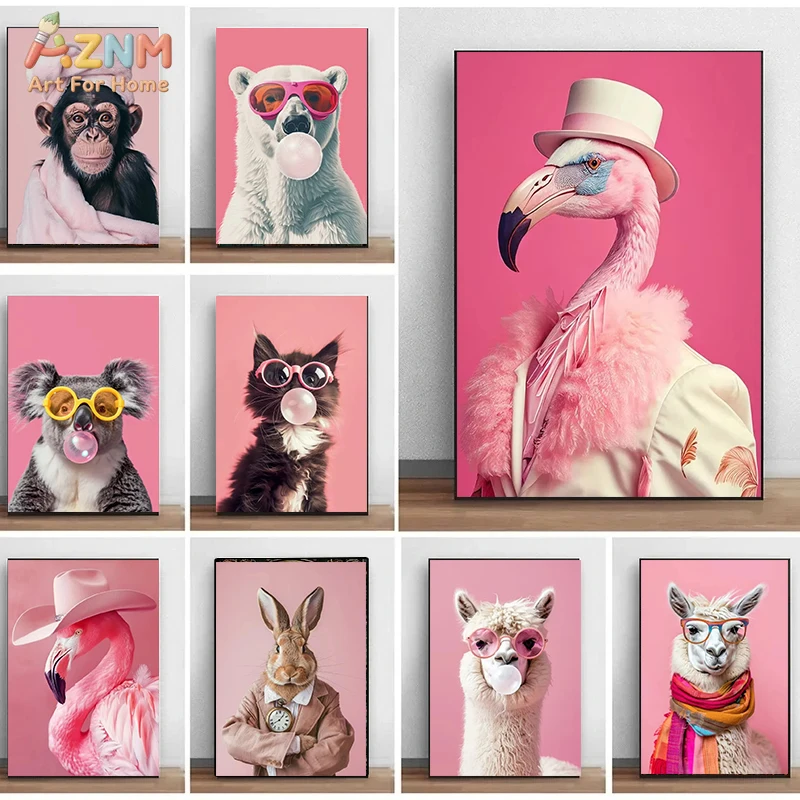 AZNM Funny Pink Fashion Animal Canvas Wall Art, Flamingo Alpaca Polar Bear Bubble Gum Pop Art Print Aesthetic Home Room Decor Un
