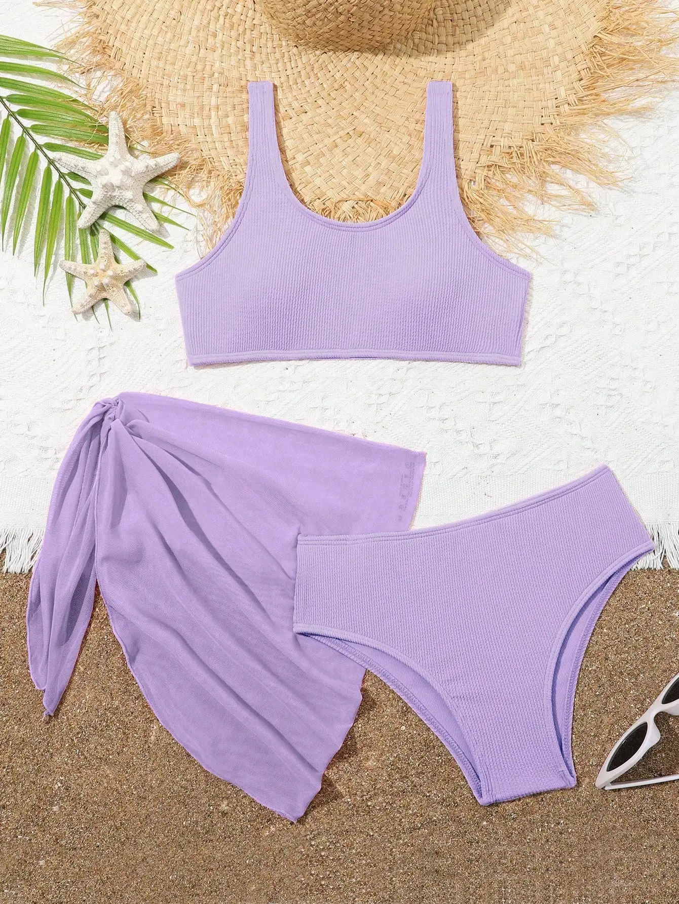 Girls' Swimsuit Bikini 2026 New Solid Ribbed Sling Bikinis Set High Waist Children Swimwear Three Piece Beach Kids Bathing Suit