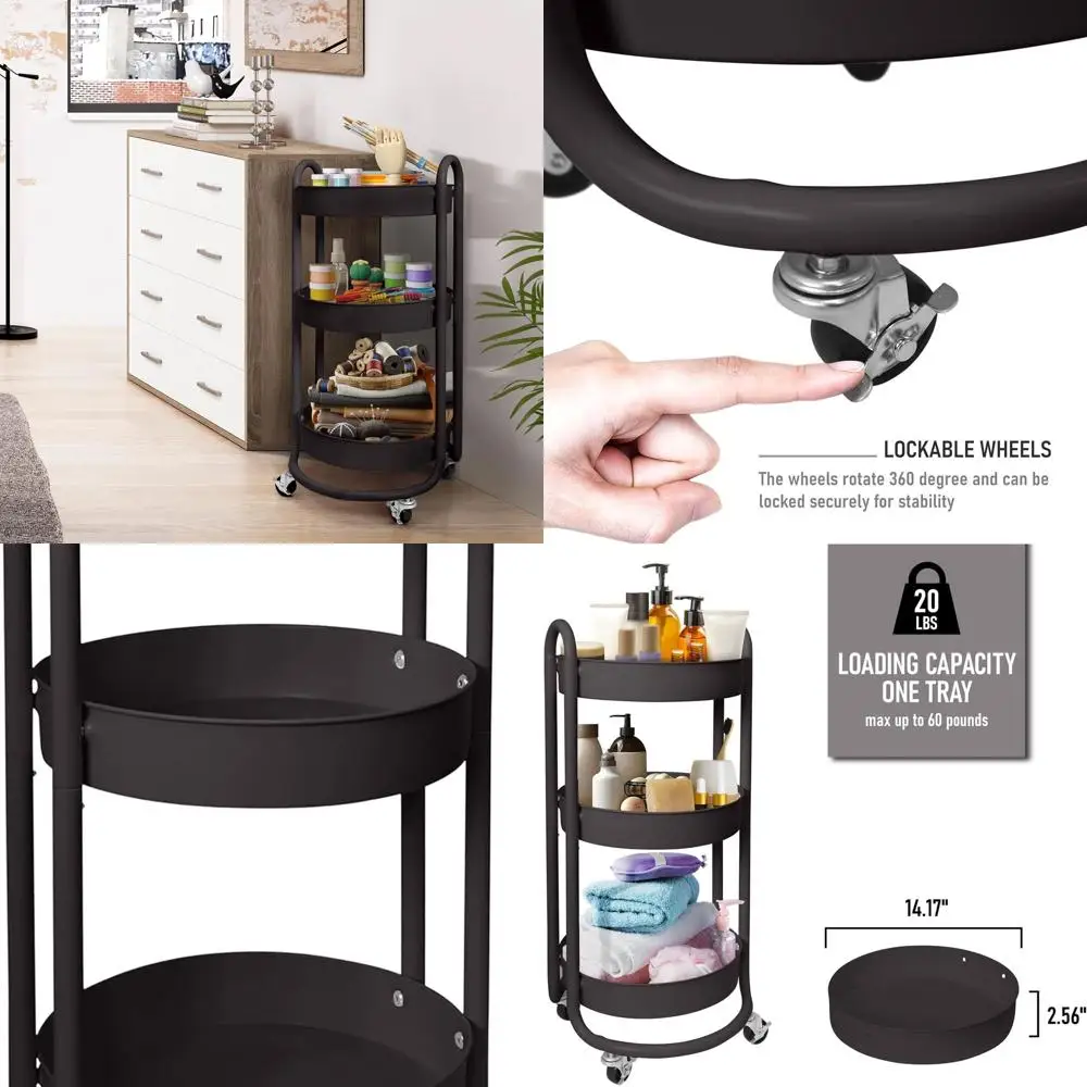 

3-х уровневая сверхпрочная металлическая тележка с запираемыми поворотными роликами, вместимость 60 фунтов, диаметр 15 мм, темно-черный