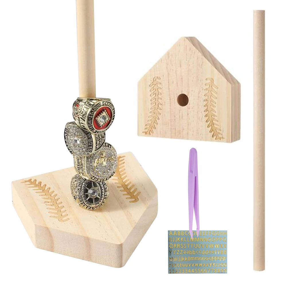 

Деревянная подставка для бейсбольных и футбольных колец с пинцетом и наклейками, стенд для демонстрации колец с турниров по софтболу, декор для мужской комнаты