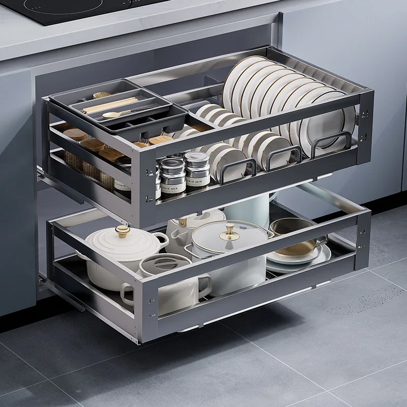 

Kitchen Cabinet 304 Stainless Steel Double Drawer Bowl Rack Storage Built-in Cabinet Bowl Basket