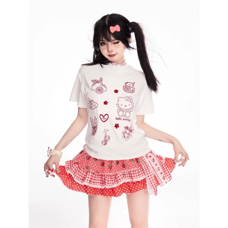 Japanische Kawaii Lolita Stil Y2k Mini Rock Frauen Süße Erdbeere Druck Rüschen Punk Kuchen Rock Mädchen Nette Schleife Rock Faldas Mujer