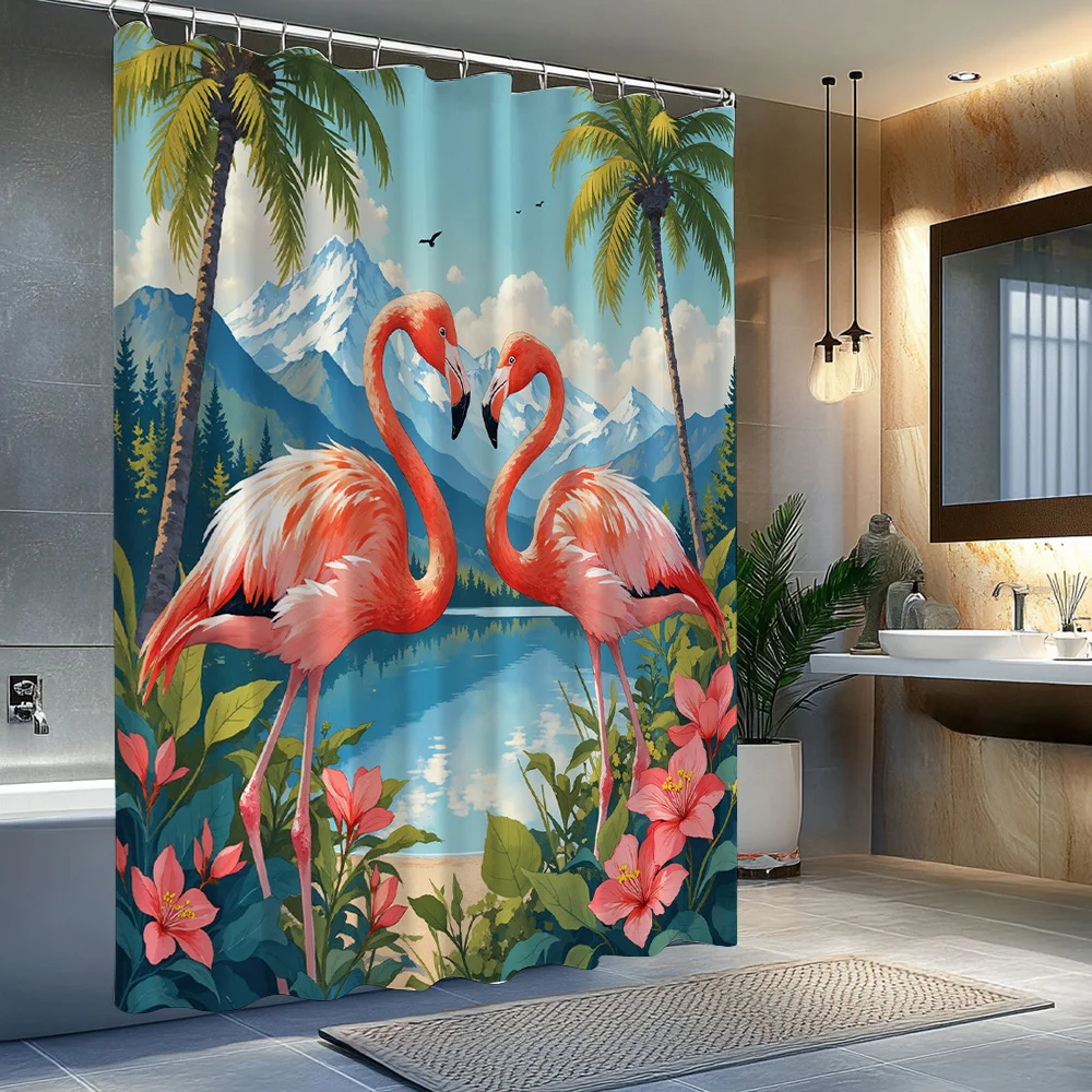 1pc Tropical Flamingo Heart Design Shower Curtain - Pink & White Flamingos with Lush Greenery, Hibiscus, Palm Trees & Snowcapped