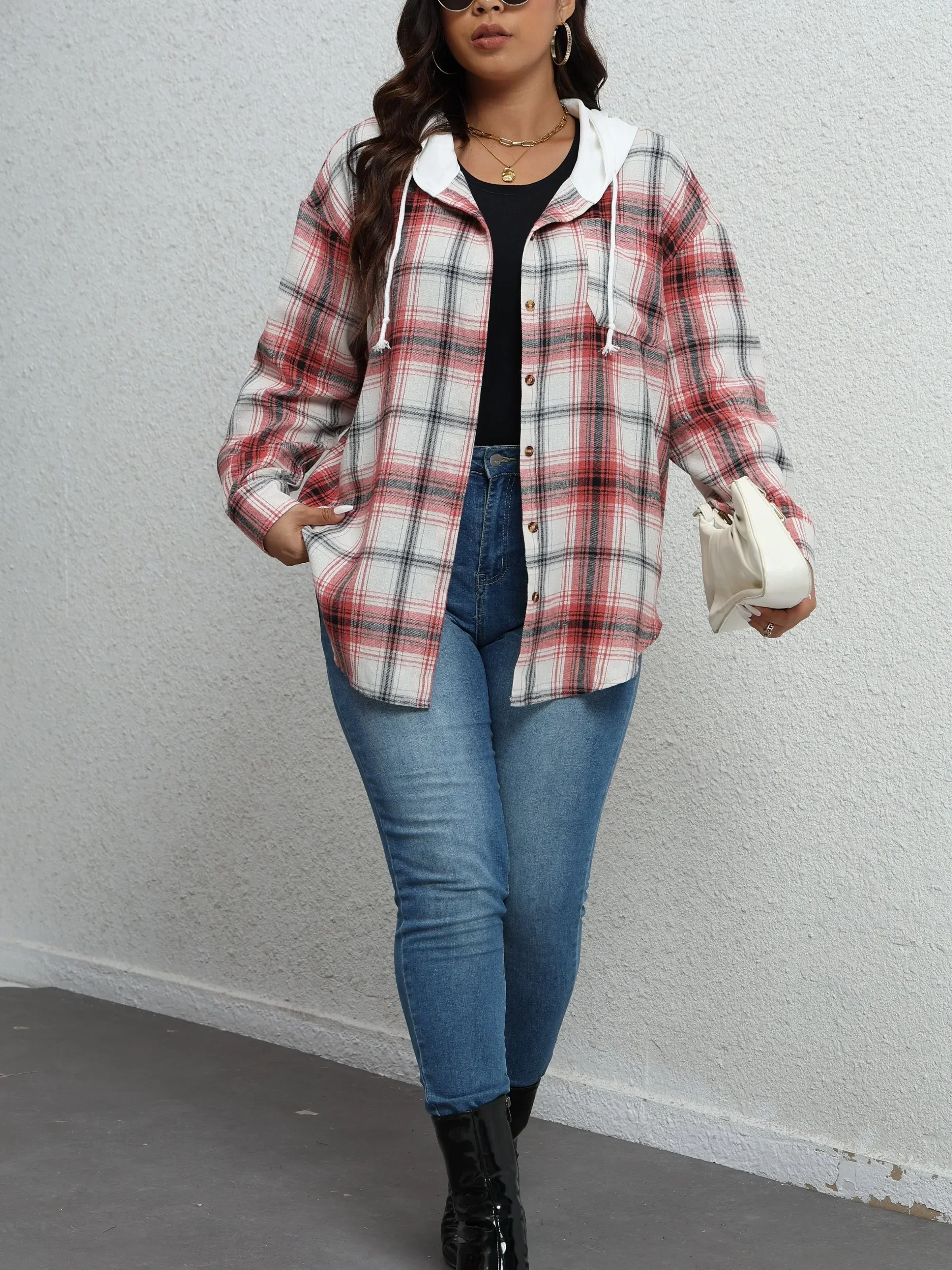 Plus Größe Mode Frauen Langarm einreiher Aufgesetzte Tasche Kordelzug Hemd Klassische Plaid Print Casual Mit Kapuze Sweatshirt