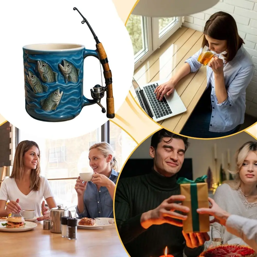

Funny Resin Fishing Coffee Mug Rod & Reel Design Grip Handle Fishing Theme Cup Simulated Fishing Line Cup Gift