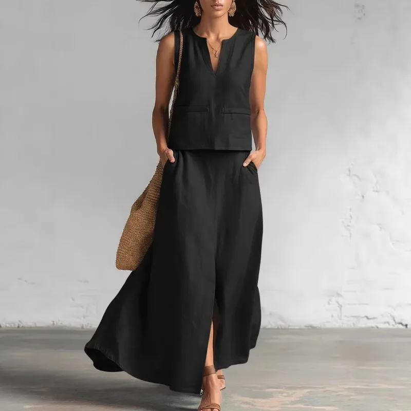 

2026New Women Solid Color Cotton Linen V Neck Sleeveless Top with Slant Pockets Casual Half Skirt Set Fashion Streetwear Elegant