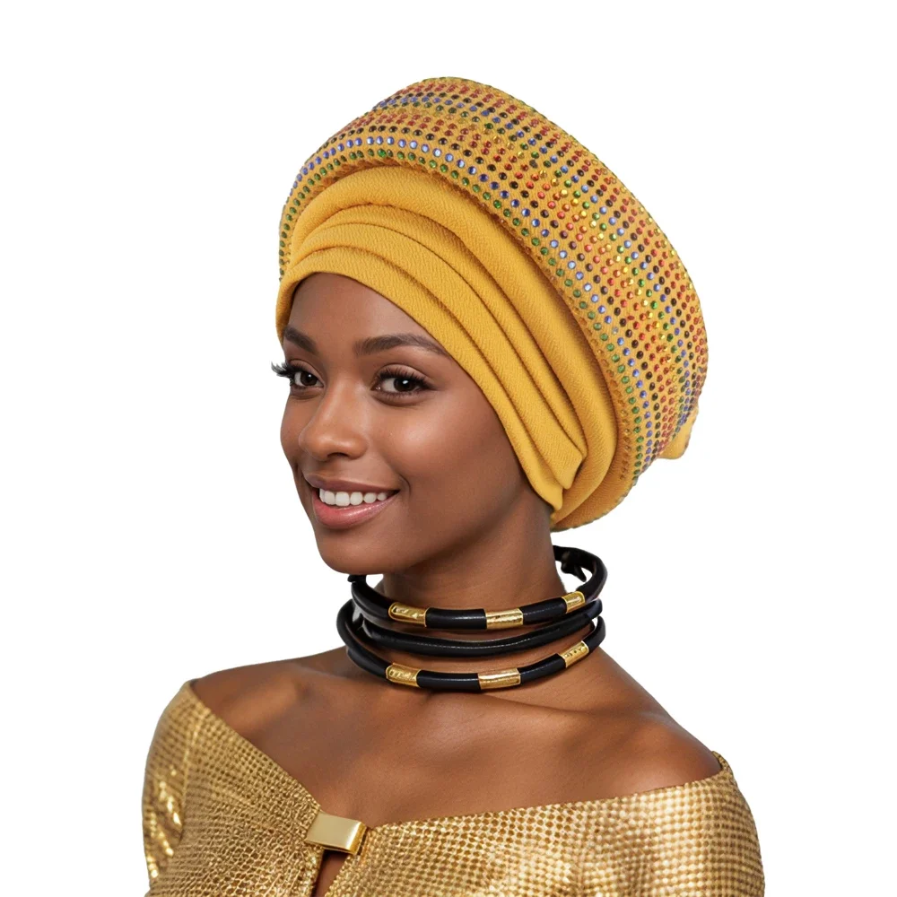 

Африканский плиссированный тюрбан с бриллиантами, женский головной убор Autogele, повязка на голову, нигерийский головной убор для свадебной вечеринки, африканский женский Mujer