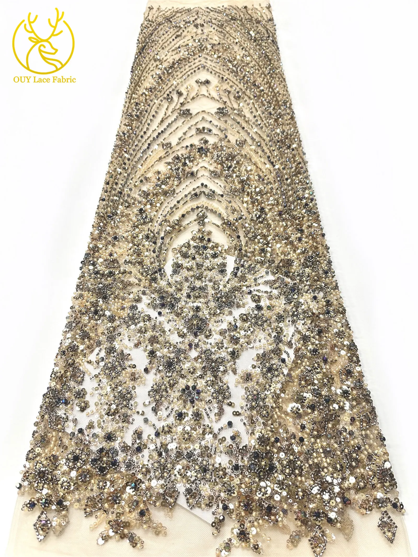 Schwarzer Luxuriöser Afrikanischer Handgefertigter Schwer Perlenverzierter Pailletten-Spitzenstoff 5 Yards Luxuriöser Französischer Tüll-Spitzenstoff für Partykleider – Detail 19