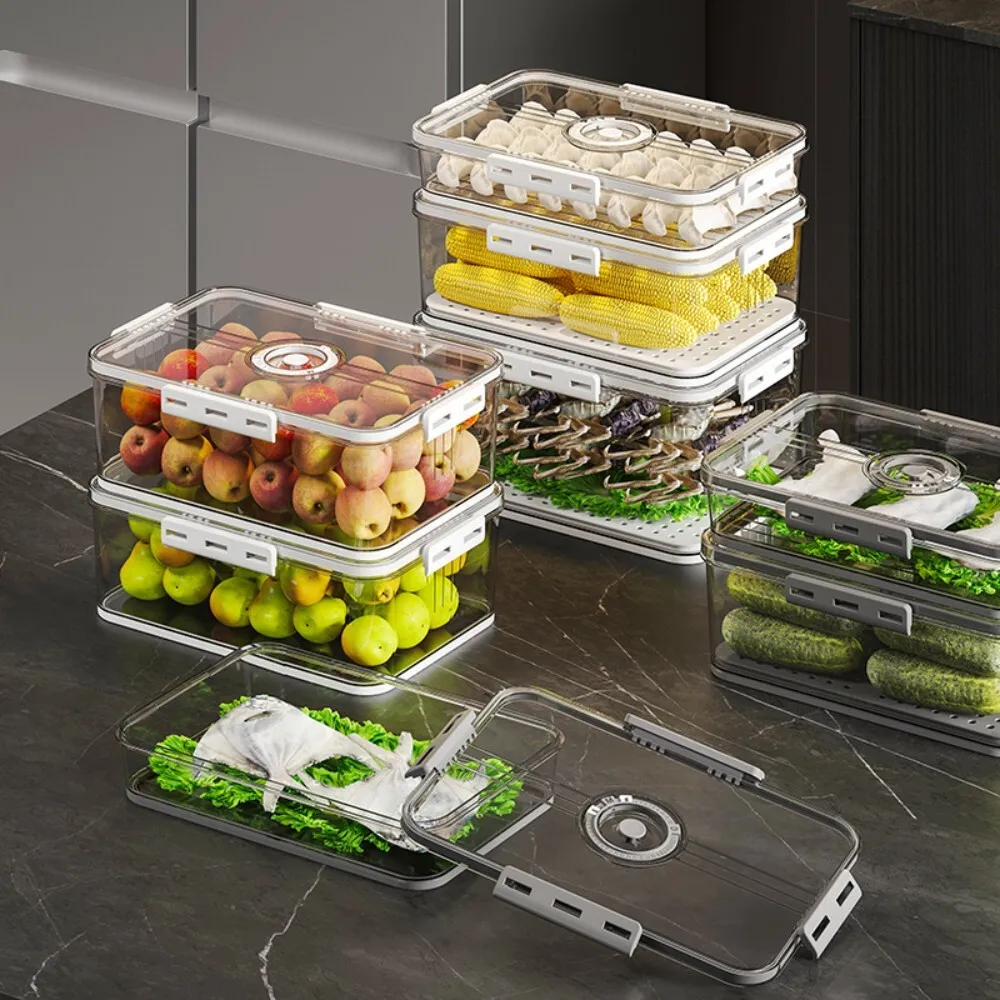 

White Transparent PET Plastic Refrigerator Organizer Box for Fresh Keeping Fruits Vegetables with Freezing Timer Kitchen Storage
