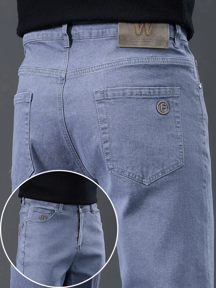 خريف 2025 جديد مستقيم جينز سترتش الرجال تطريز أنيق جيب سميكة سراويل مريحة الأعمال عادية سراويل جينز