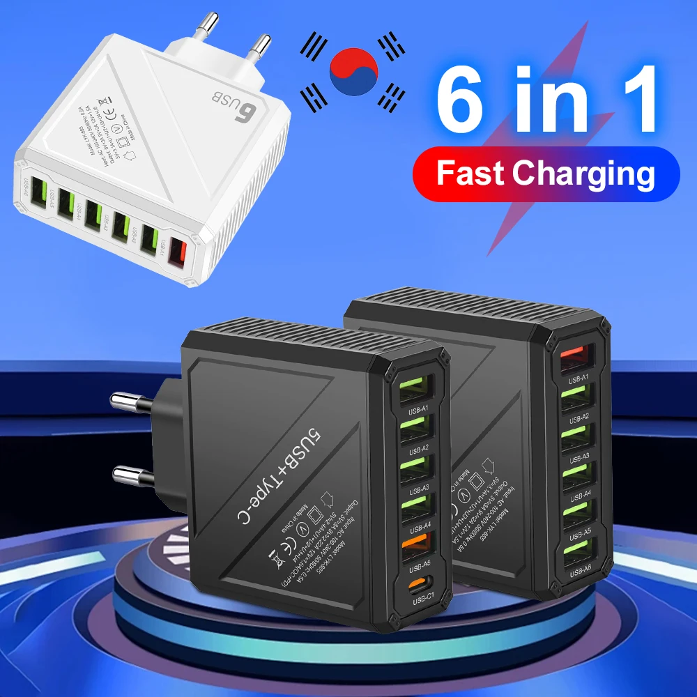 

6 Ports PD USB Charger Fast Charging Quick Charge 3.0 Travel Charger For iPhone Samsung Mobile Phone Charger