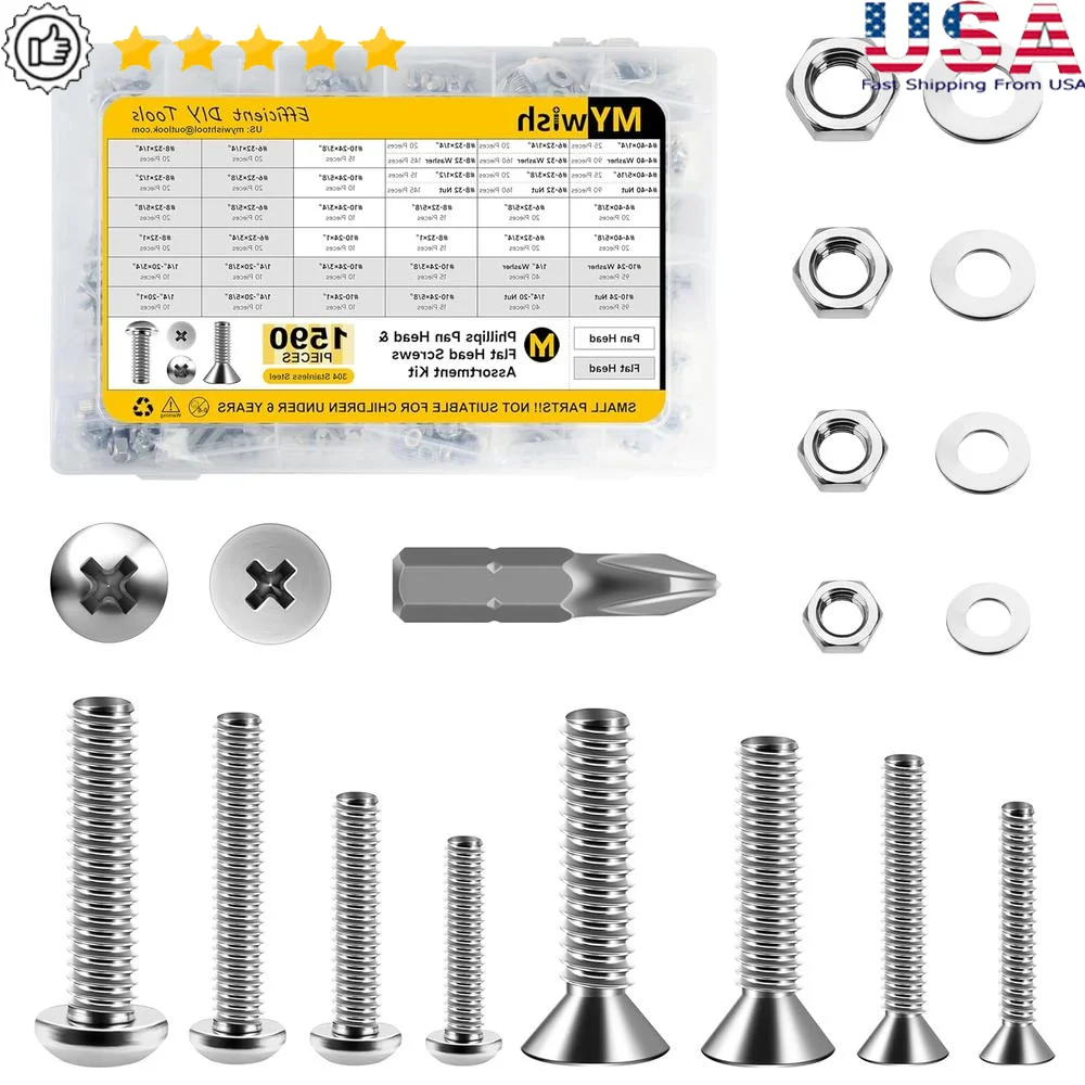 1590Pcs Machine Screw Assortment Stainless Steel Phillips Flat Head Nuts Bolts Washers Fasteners Set DIY Repair Tools