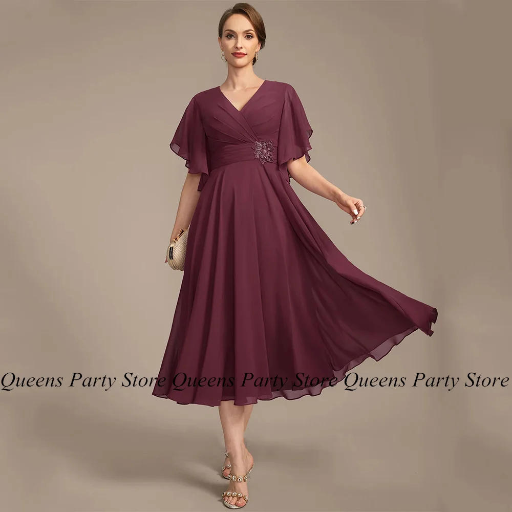 

Simple Mother of The Bride Dress Flare Sleeve V Neck Pleat Beading Tea Length Chiffon Short Wedding Party Dresses Guest Gown