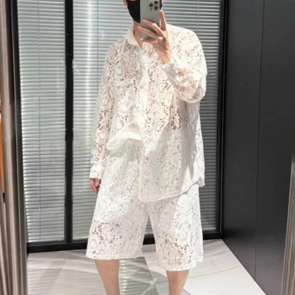Men's Solid Color Jacquard Hollow Long-Sleeved Set Sexy Retro Fashion Trend Loose Casual Breathable Niche Summer New Men's Set - Image 6