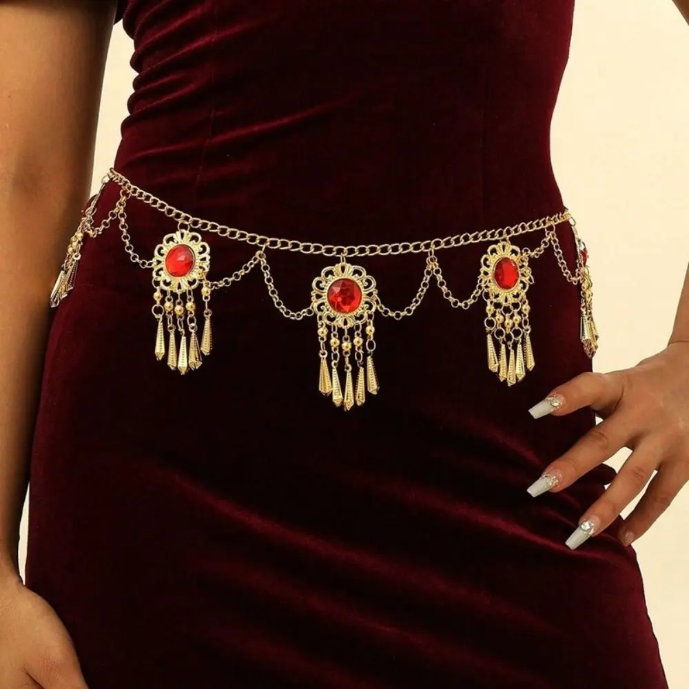 Vintage Alloy Waist Chain Belt Engraved Inlaid Diamond Fringe Waist Chain Gold-Plated Fringe Belt For Weddings