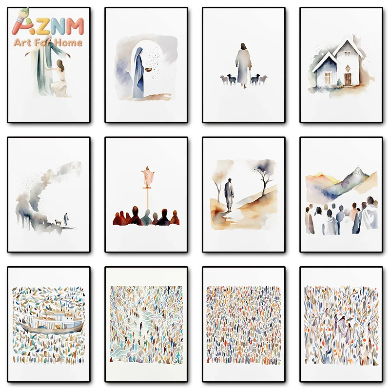 AZNM Minimalist Watercolor Bible Canvas Wall Art Jesus Virgin Mary Noah Ark Christian Religious Soft Watercolor Unframed Canvas