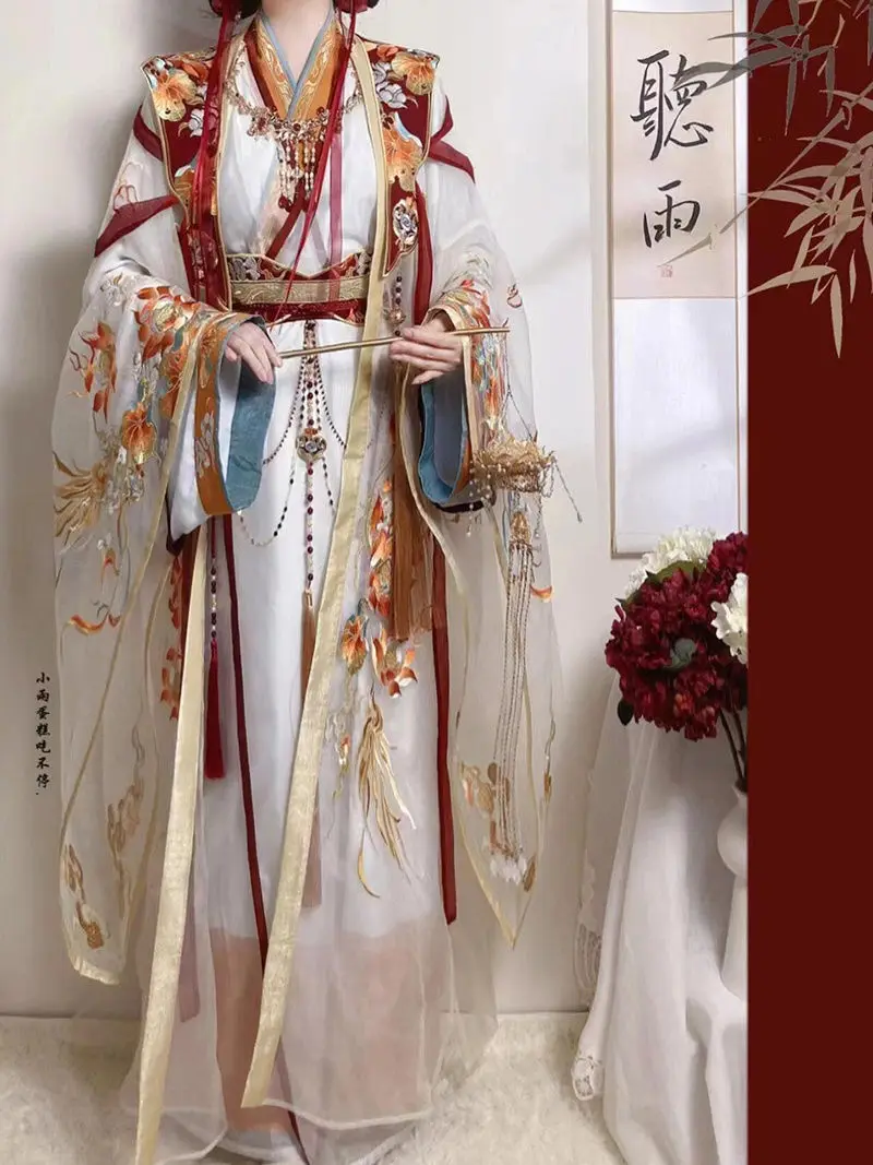 

Ming Dynasty Hanfu Embroidery Heavy Craft Qi Waist Cross Collar Full Set Wei Jin Chun Xie Lian Prince Yue Shen COS Costume