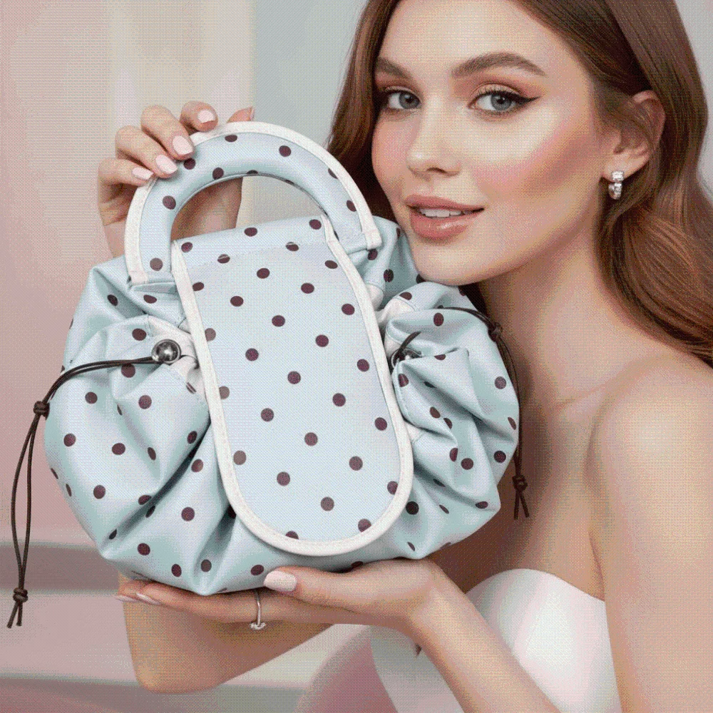 Waterproof Drawstring Makeup Pouch Foldable Washable Polka Dot Cosmetic Bag Soft Spacious Lazy Travel Organizer Women