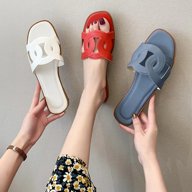 Women Brand Slippers Summer Slides Open Toe Flat Casual Shoes Leisure Sandal Female Beach Flip Flops Big Size 35-41