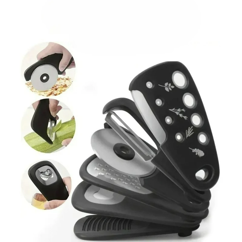 

Набор кухонных гаджетов из 6 предметов: открывалка для бутылок, овощечистка, нож для пиццы, измельчитель чеснока, приспособление для удаления листьев из трав, кухонные аксессуары