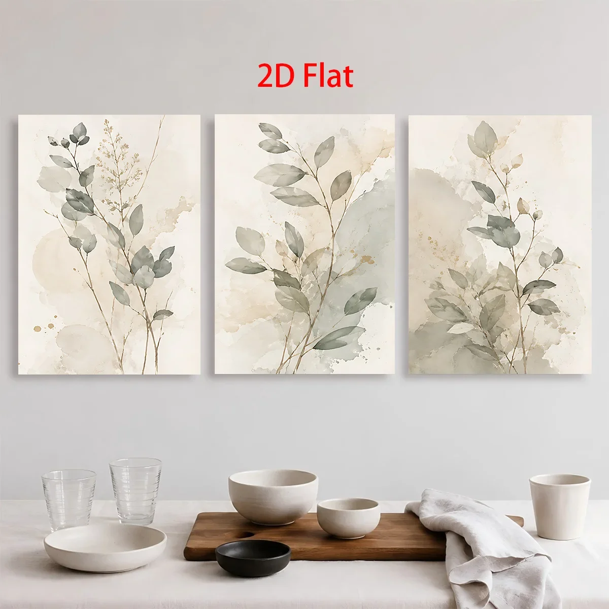 Multiple sizes 3pc frameless Canvas Painting 3PCS- Three 2D flat paintings with eucalyptus branches and leaves on beige backgrou