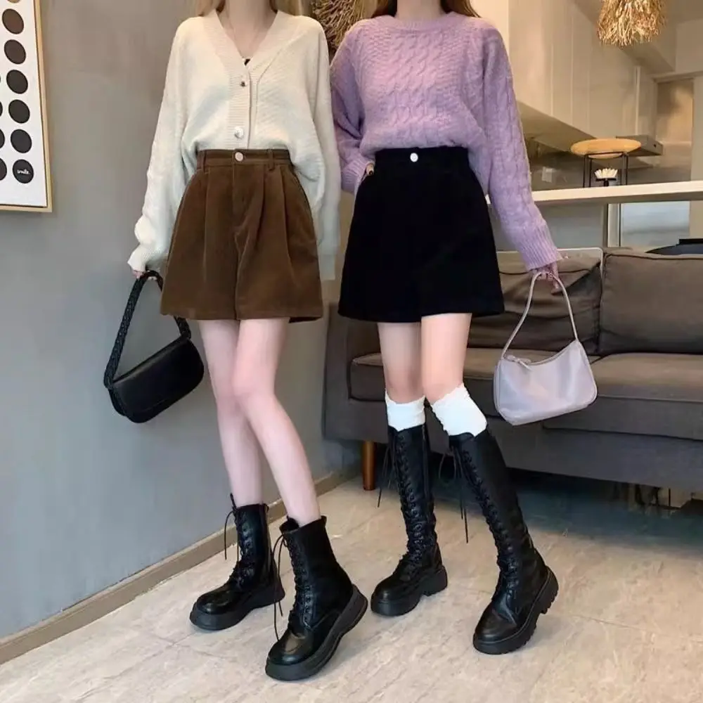 

High Waist Women Corduroy Shorts Stripe Elastic Wide Leg Short Pants Large Size Two Pockets Loose Streetwear Autumn Winter