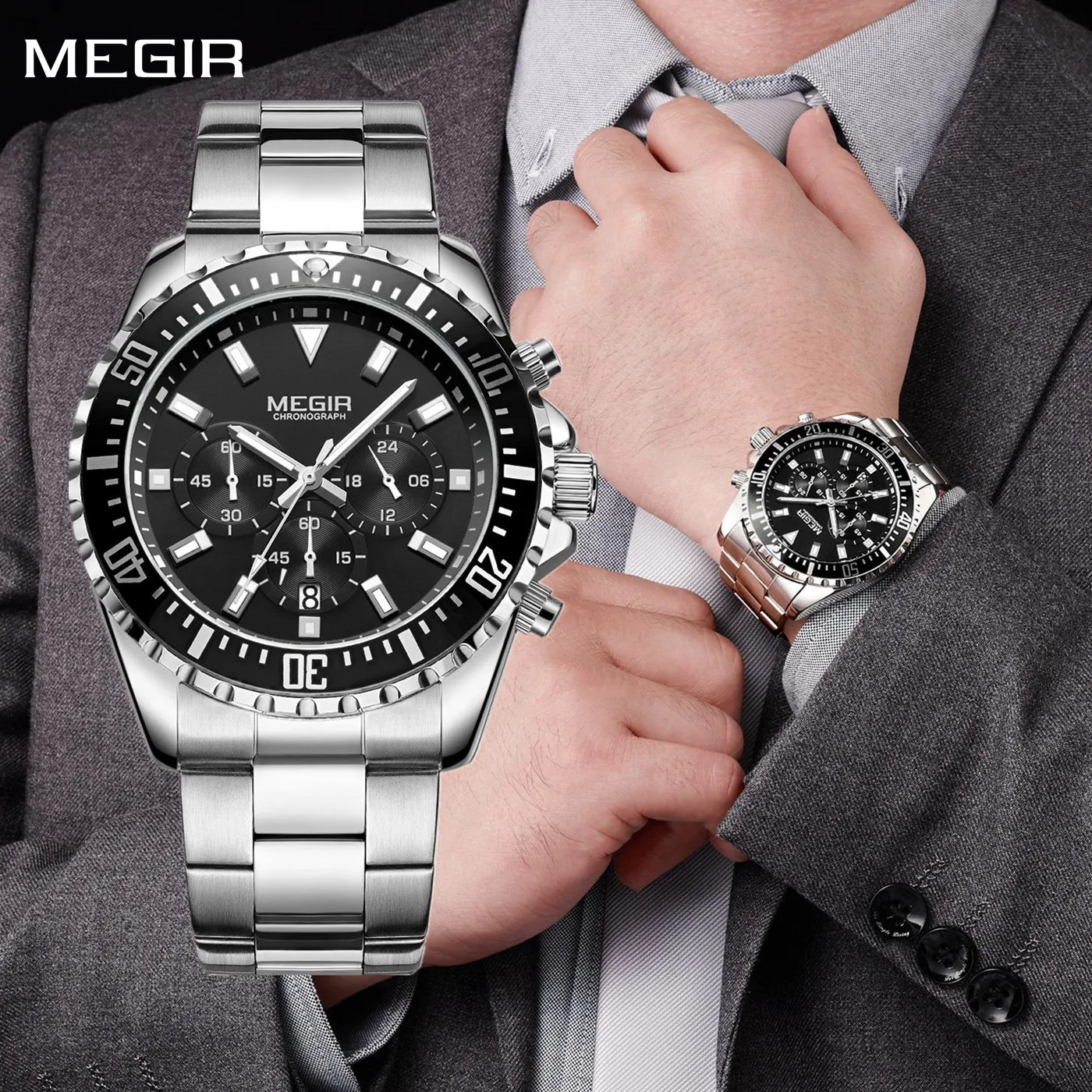 MEGIR Original Luxury Men Business Quartz Watches Stainless Steel Chronograph Military Wristwatch Clock Relogio Masculino 2064