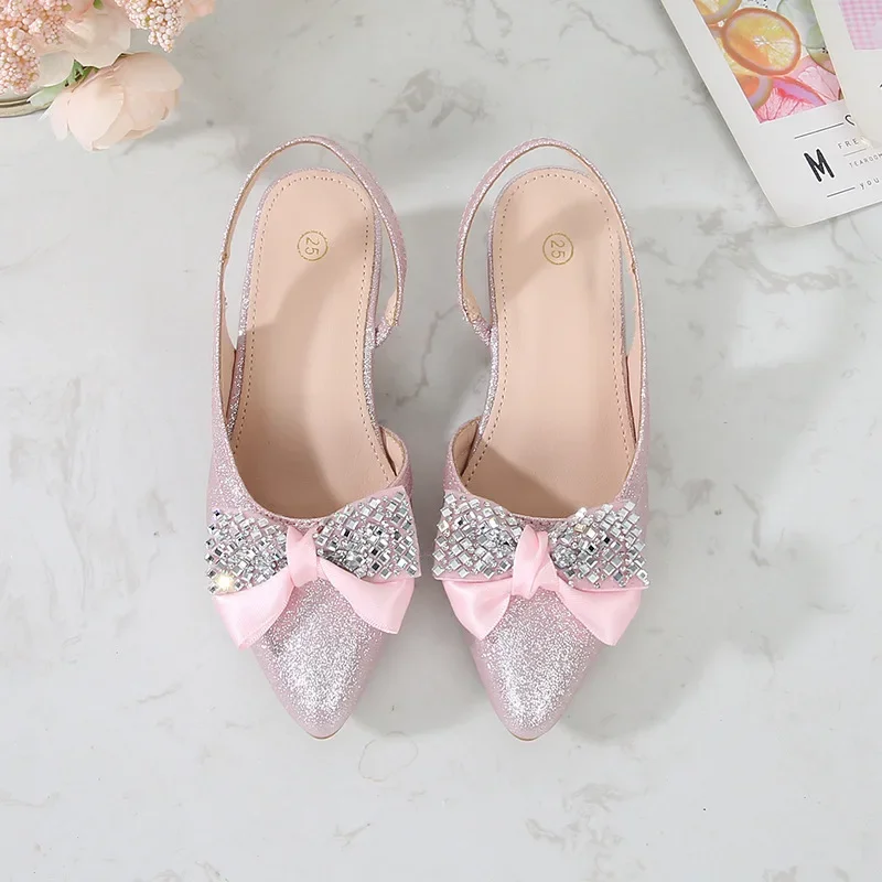 2024 Summer New Children\'s Crystal Shoes Fashion Bow Sequins High Heels Soft Sole Anti Slip Girl Princess Shoes