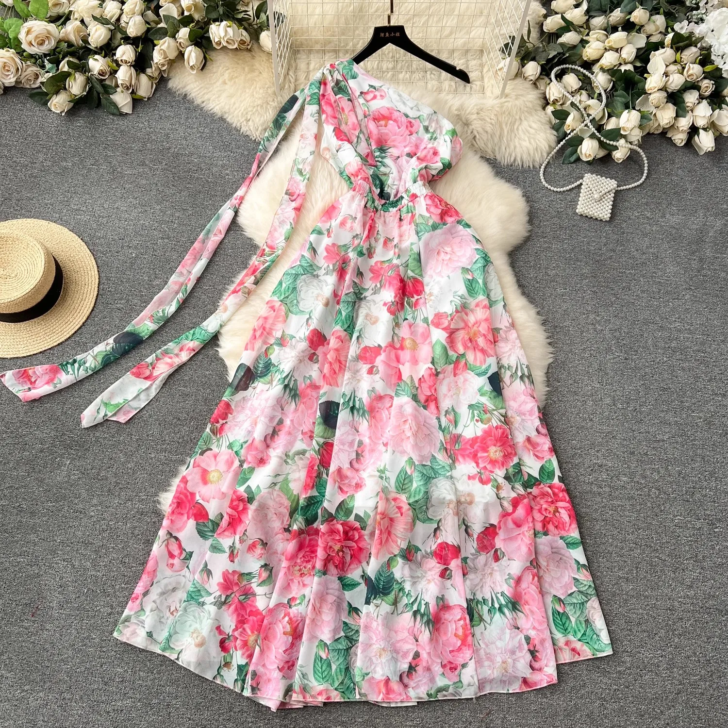 

New Fashion Gorgeous Summer Women Flower Print Chiffon One Shoulder Bowknot Elastic Waist Boho Holiday Maxi Dresses