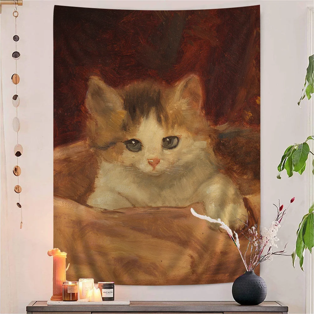 Artwall Cat Oil Painting DIY Wall Tapestry Hippie Flower Wall Carpets Dorm Decor Wall Art Decor