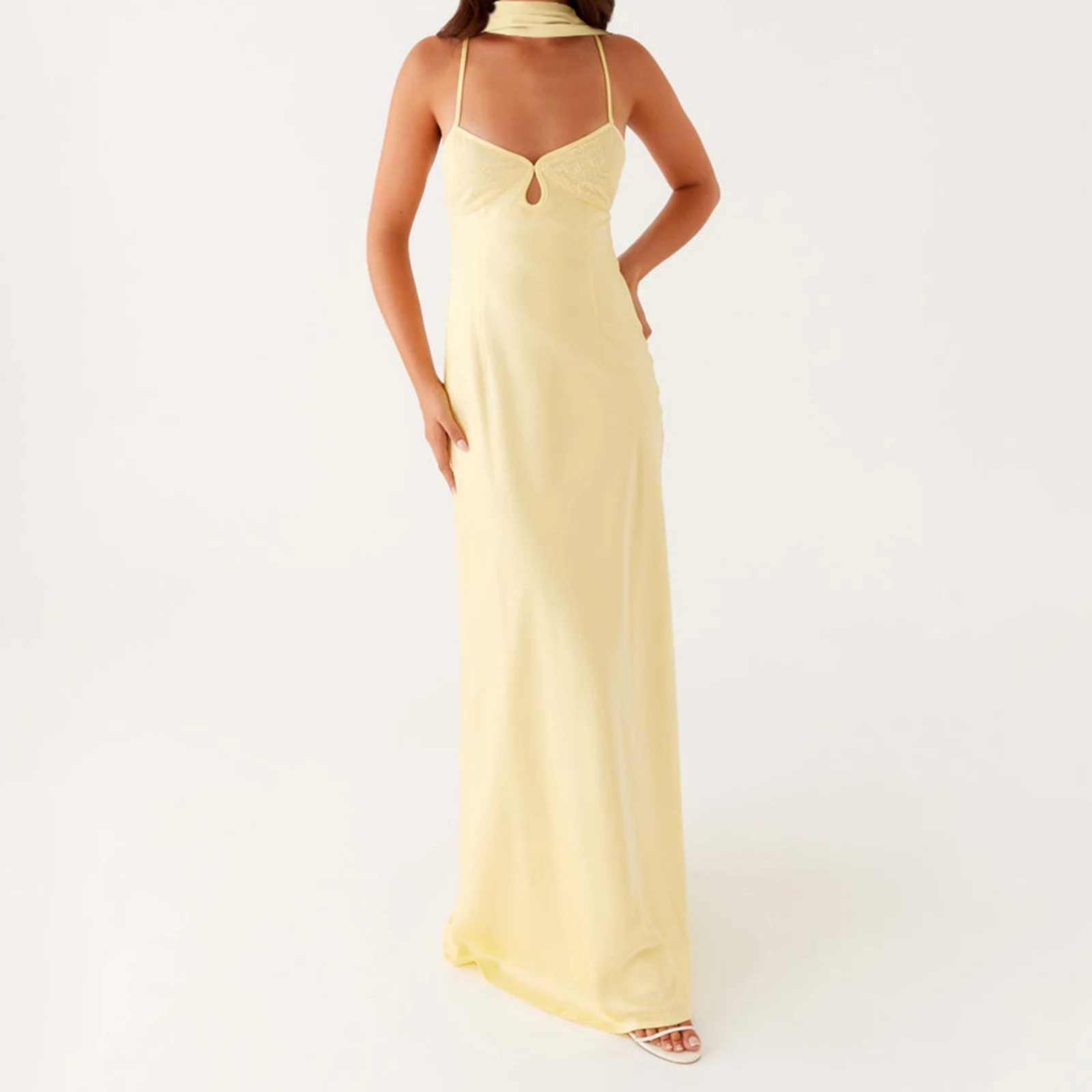 Combhasaki Donna Tinta unita Estate Ricamo Busto Foro Senza maniche Cinghie Con lacci Backless A-line Cami Abito lungo con sciarpa