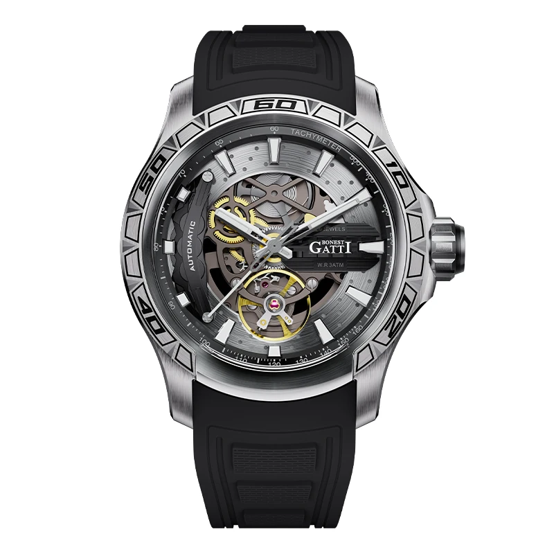 BONEST GATTI Men Automatic Watch 44mm Mechanical Wristwatch Sapphire Glass Luminous Skeleton Racing Caliper Dial