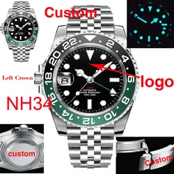 Custom Automatic Men's Watch Left GMT Jubilee Bracelet NH34 Rotating Bezel Aluminum Insert Sapphire Glass 9 o'clock Crown 40mm