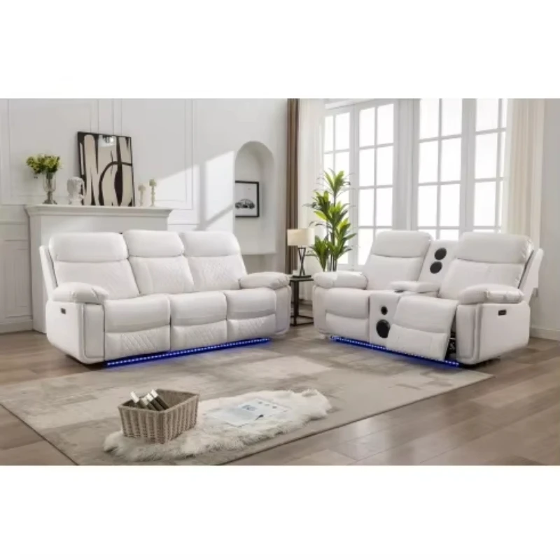 Modern simple electric reclining leather sofa set, multi-functional and retractable