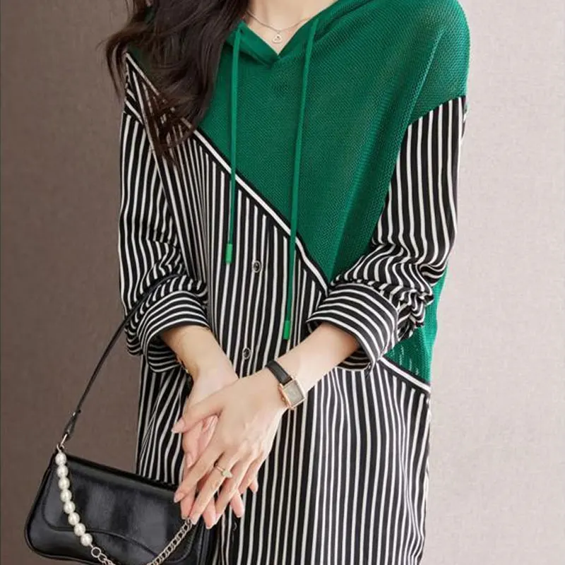 High Street Striped Patchwork Knitted Shirt Female Clothing Hooded Drawstring Spring Autumn Long Sleeve Korean Loose Midi Blouse