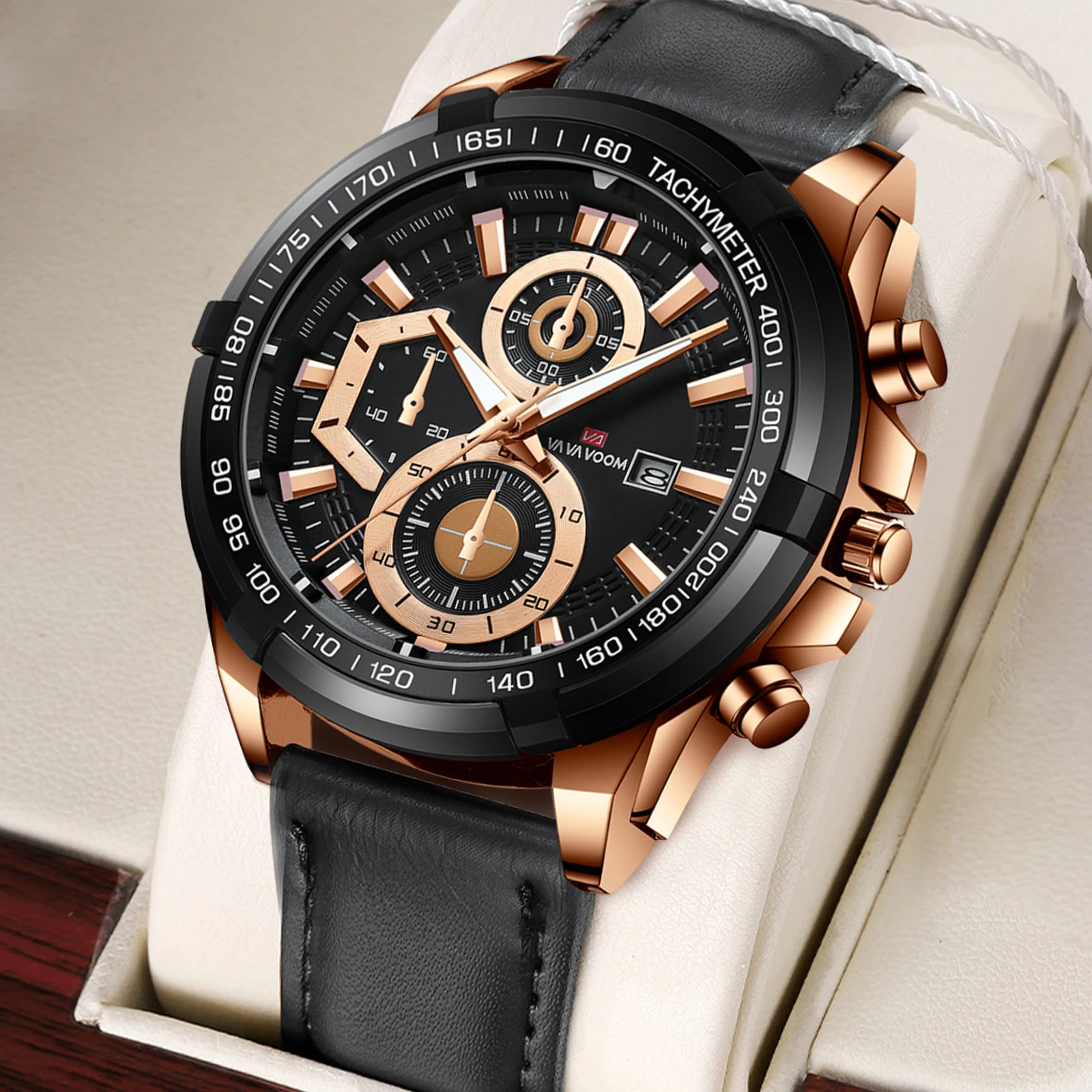 

Black Men Sports Watch Fashionable Leather Style 46mm Large Dial Luminous Calendar Quartz Movement Casual Military Style Watches